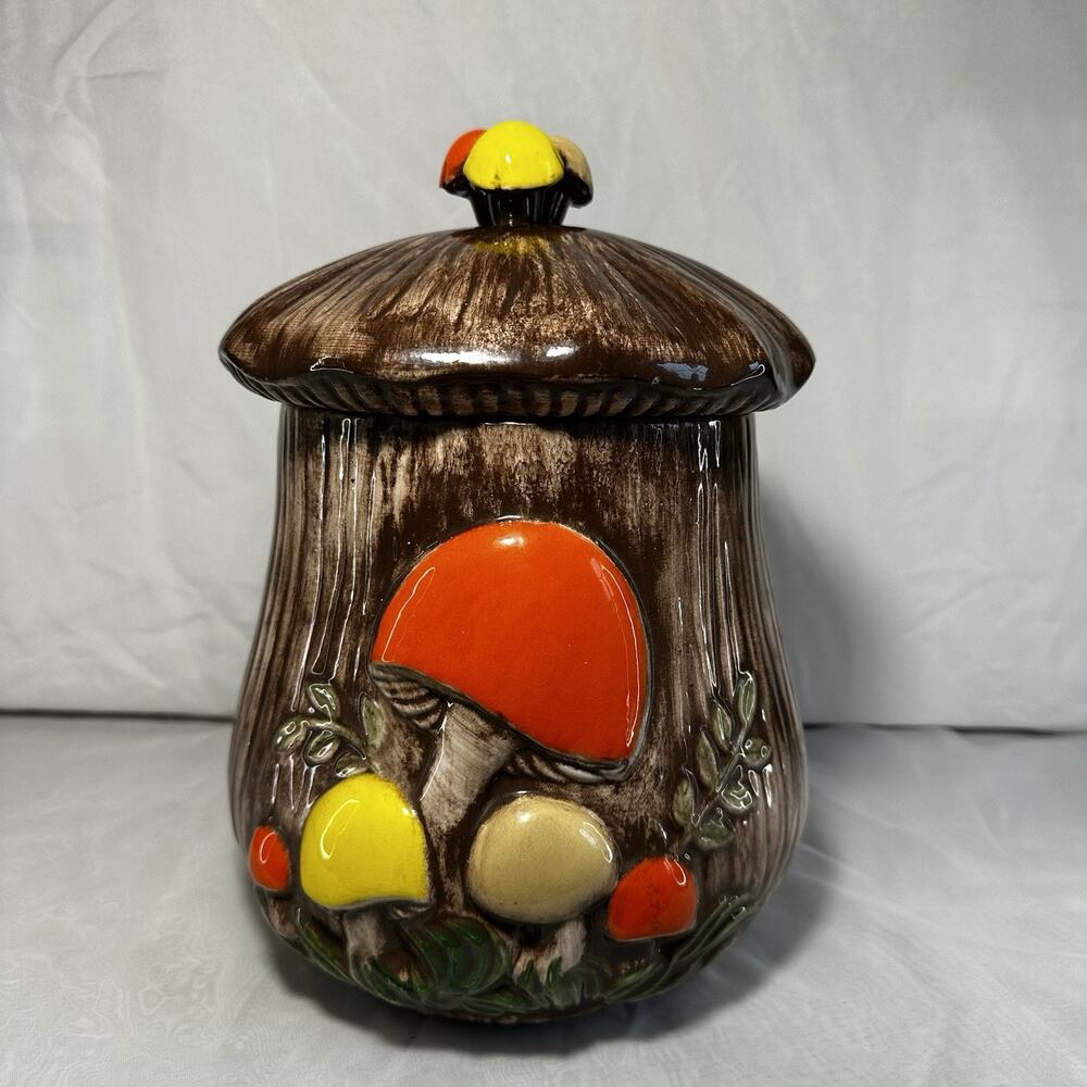 Rare Vintage Mushroom Cookie Jar Canister Ceramic Large 12" Cottagecore Hippie